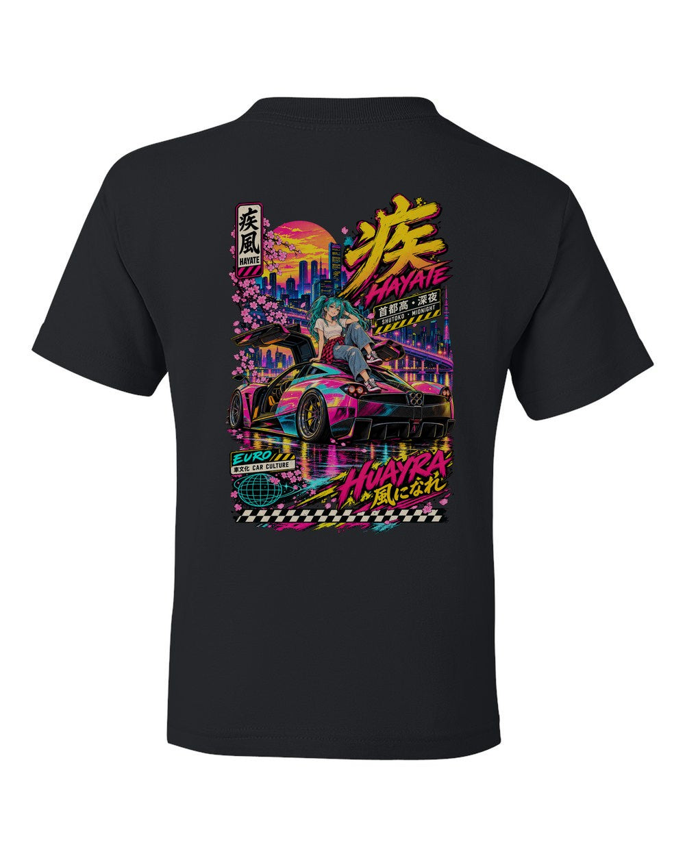 HAYATE HUAYRA full-back artwork black kids tee back view with the design