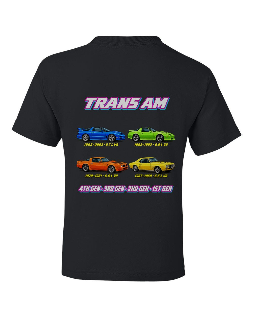 Pontiac Trans Am evolution poster black kids tee back view with the design