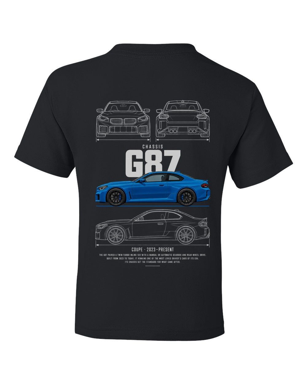 G87 full-back artwork black kids tee back view with the design