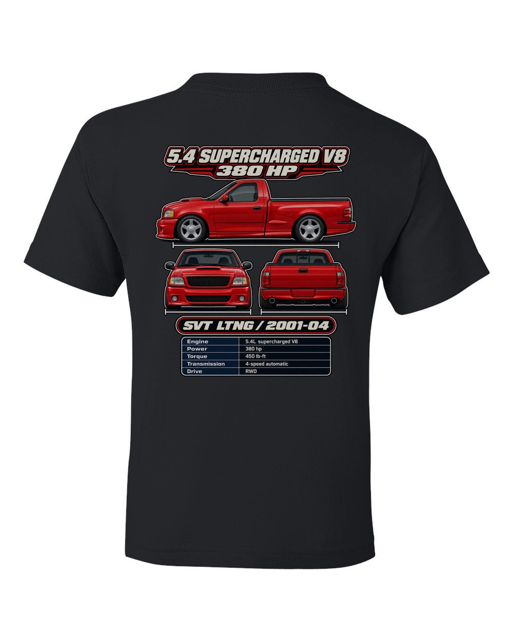 Ford F 150 SVT Lightning spec sheet black kids tee back view with the design