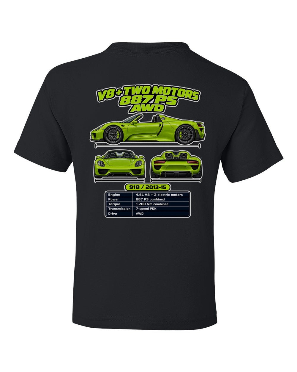 Porsche 918 Spyder spec sheet black kids tee back view with the design