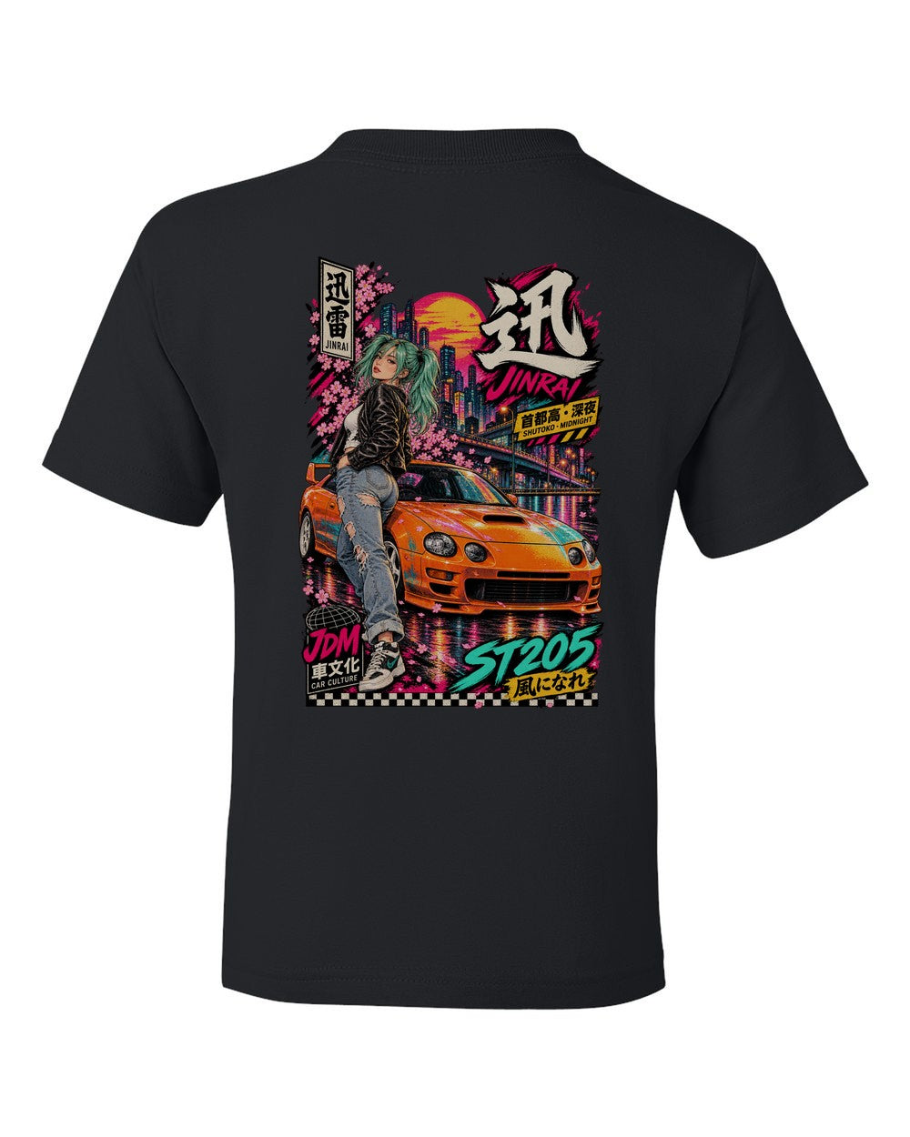 JINRAI ST205 full-back artwork black kids tee back view with the design