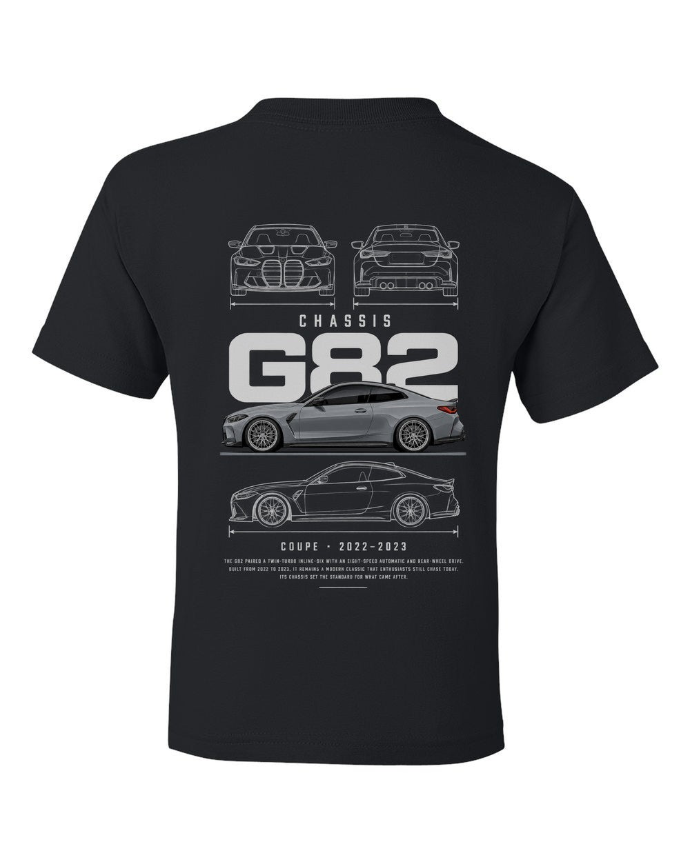 G82 full-back artwork black kids tee back view with the design