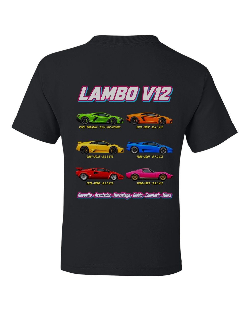 Lamborghini V12 evolution poster black kids tee back view with the design