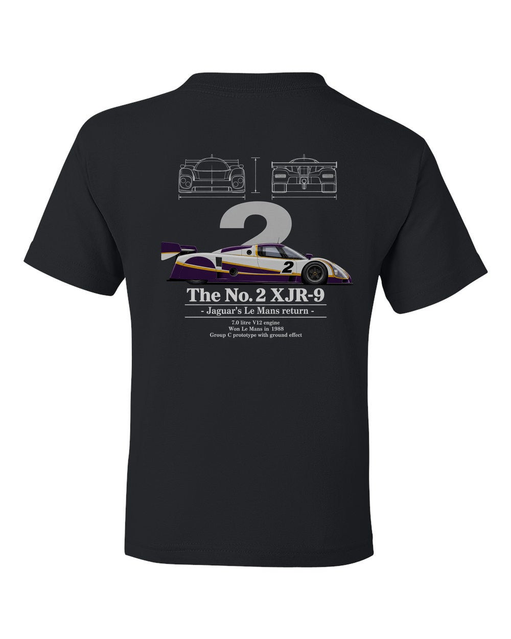 No. 2 XJR-9 black kids tee back view with the design
