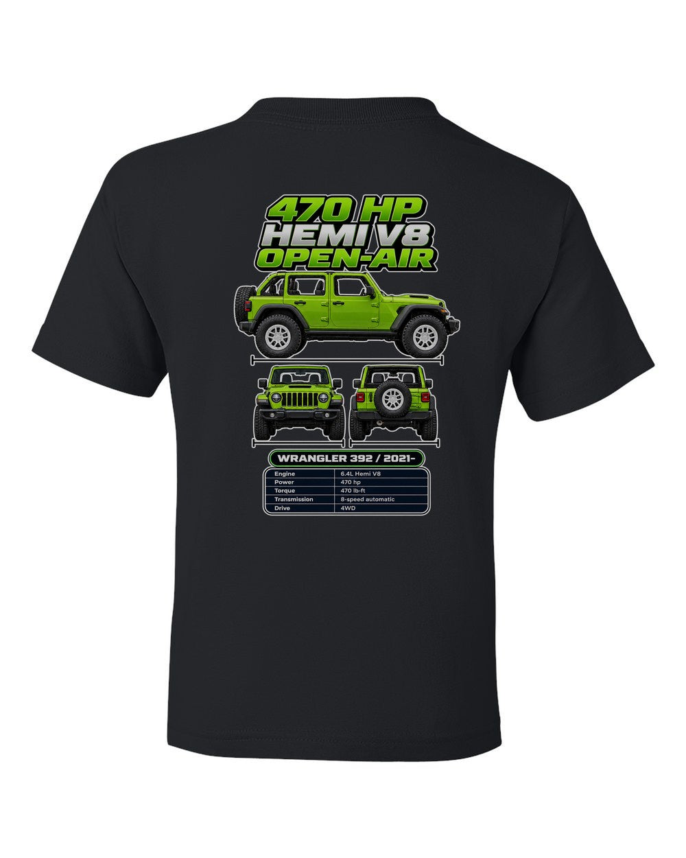 Jeep Wrangler 392 spec sheet black kids tee back view with the design