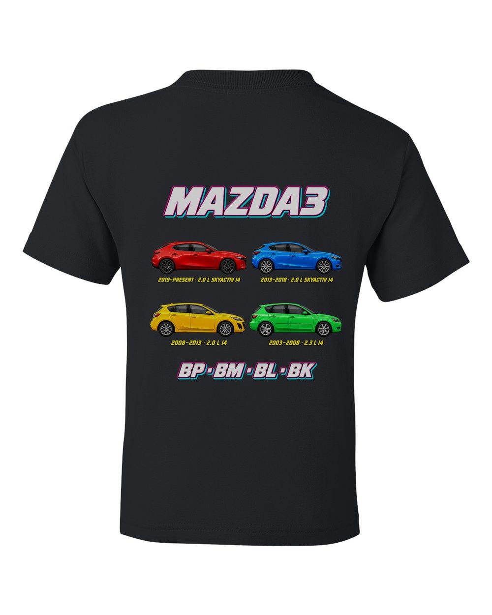 Mazda 3 evolution poster black kids tee back view with the design