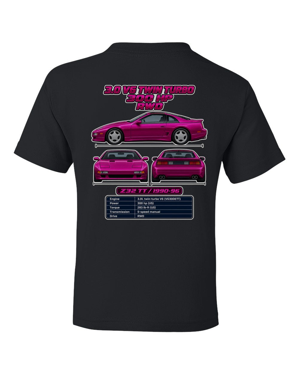 Nissan 300Zx Twin Turbo Z32 spec sheet black kids tee back view with the design