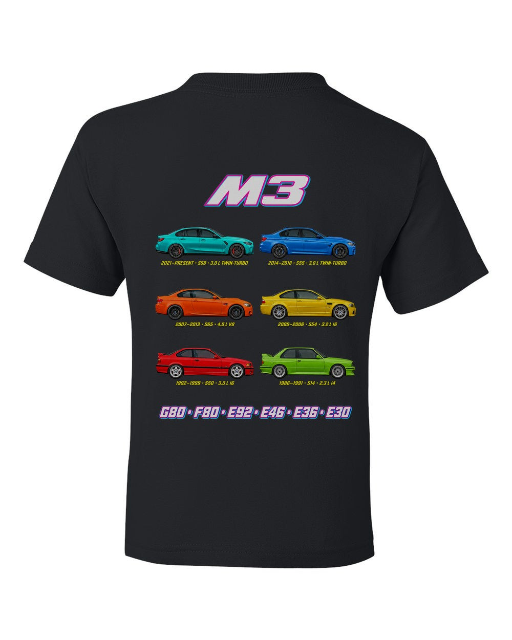 M3 evolution poster black kids tee back view with the design