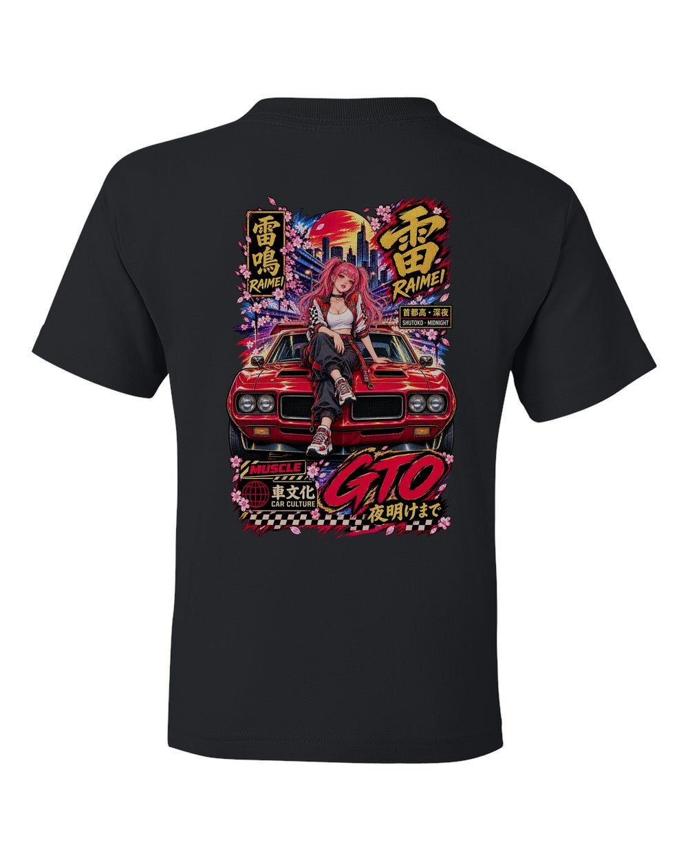 RAIMEI GTO full-back artwork black kids tee back view with the design