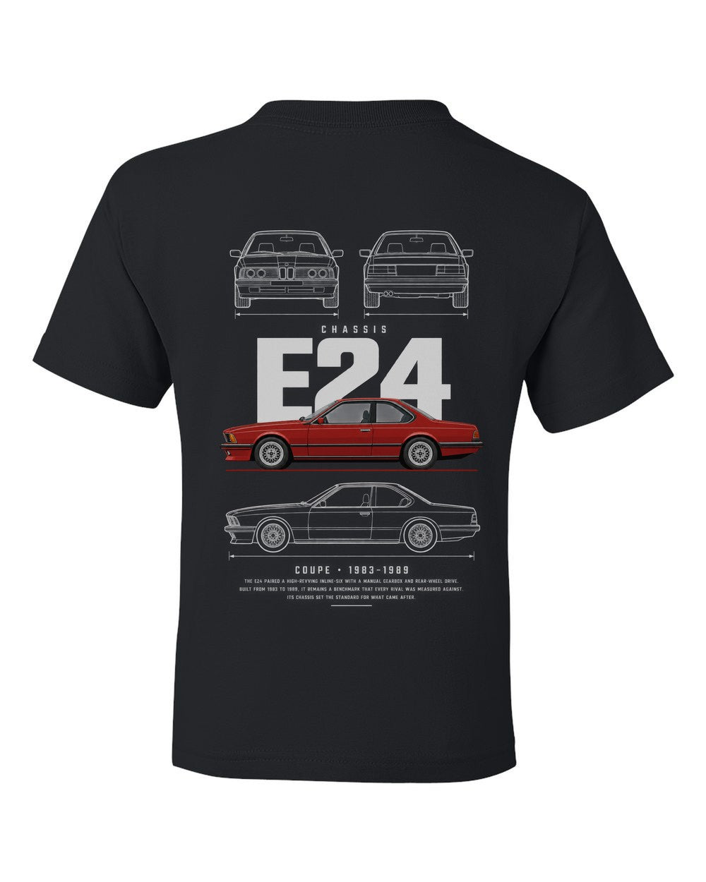 E24 full-back artwork black kids tee back view with the design