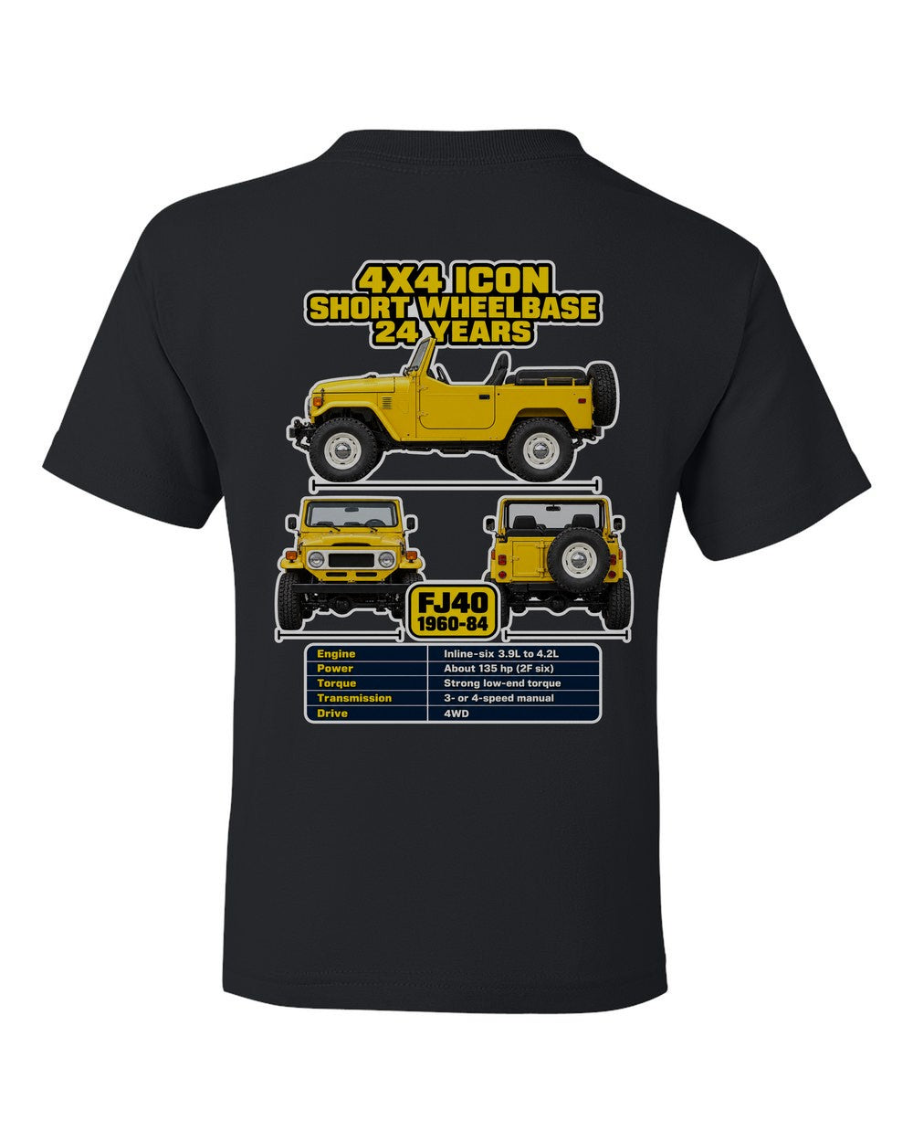 Toyota Fj40 spec sheet black kids tee back view with the design