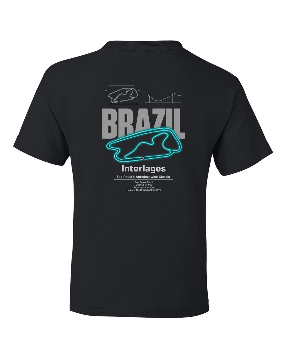 Interlagos black kids tee back view with the design