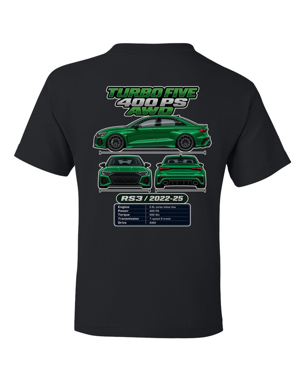 Audi Rs3 Sedan 8Y spec sheet black kids tee back view with the design