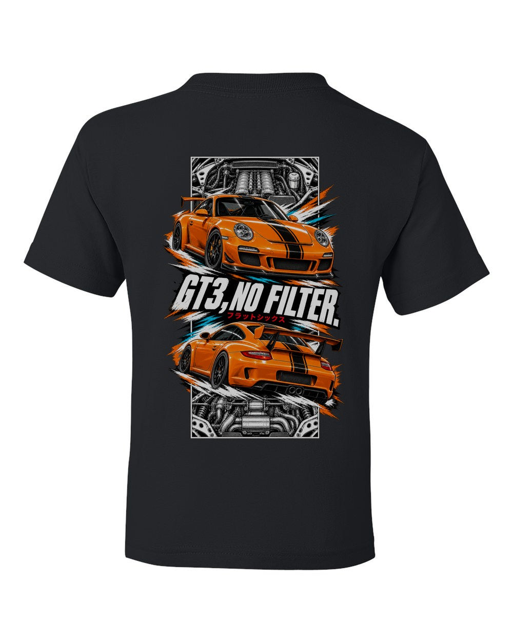 Porsche 997 Gt3 torn poster black kids tee back view with the design