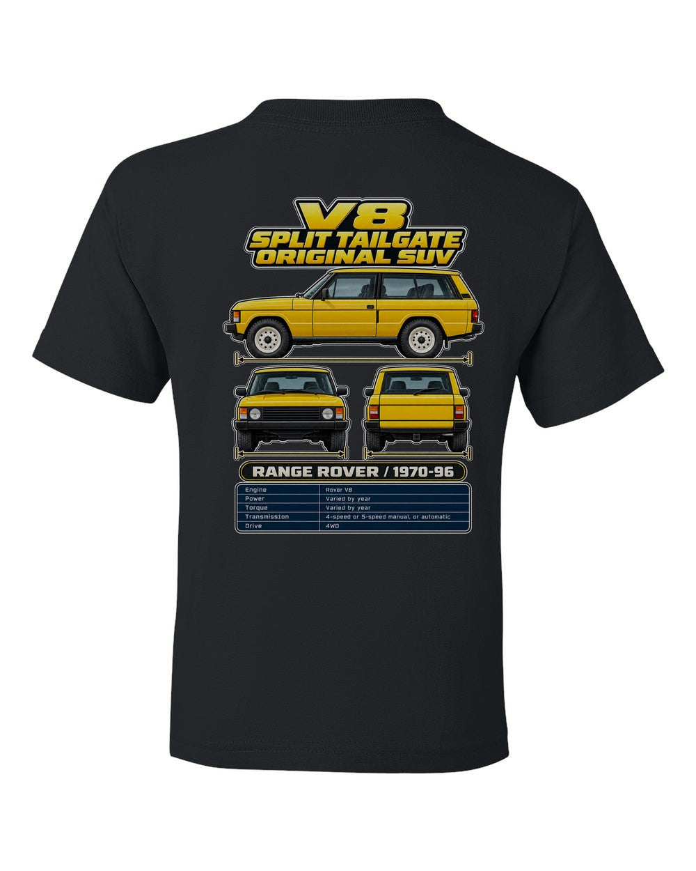Range Rover Classic spec sheet black kids tee back view with the design