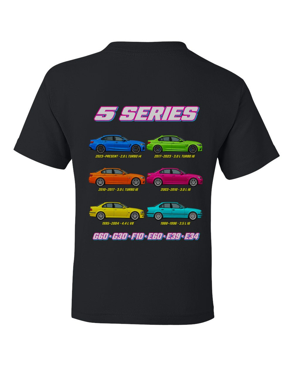 BMW 5 Series evolution poster black kids tee back view with the design