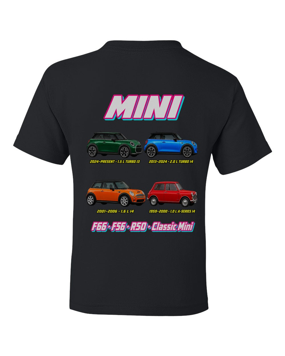 Mini Cooper evolution poster black kids tee back view with the design
