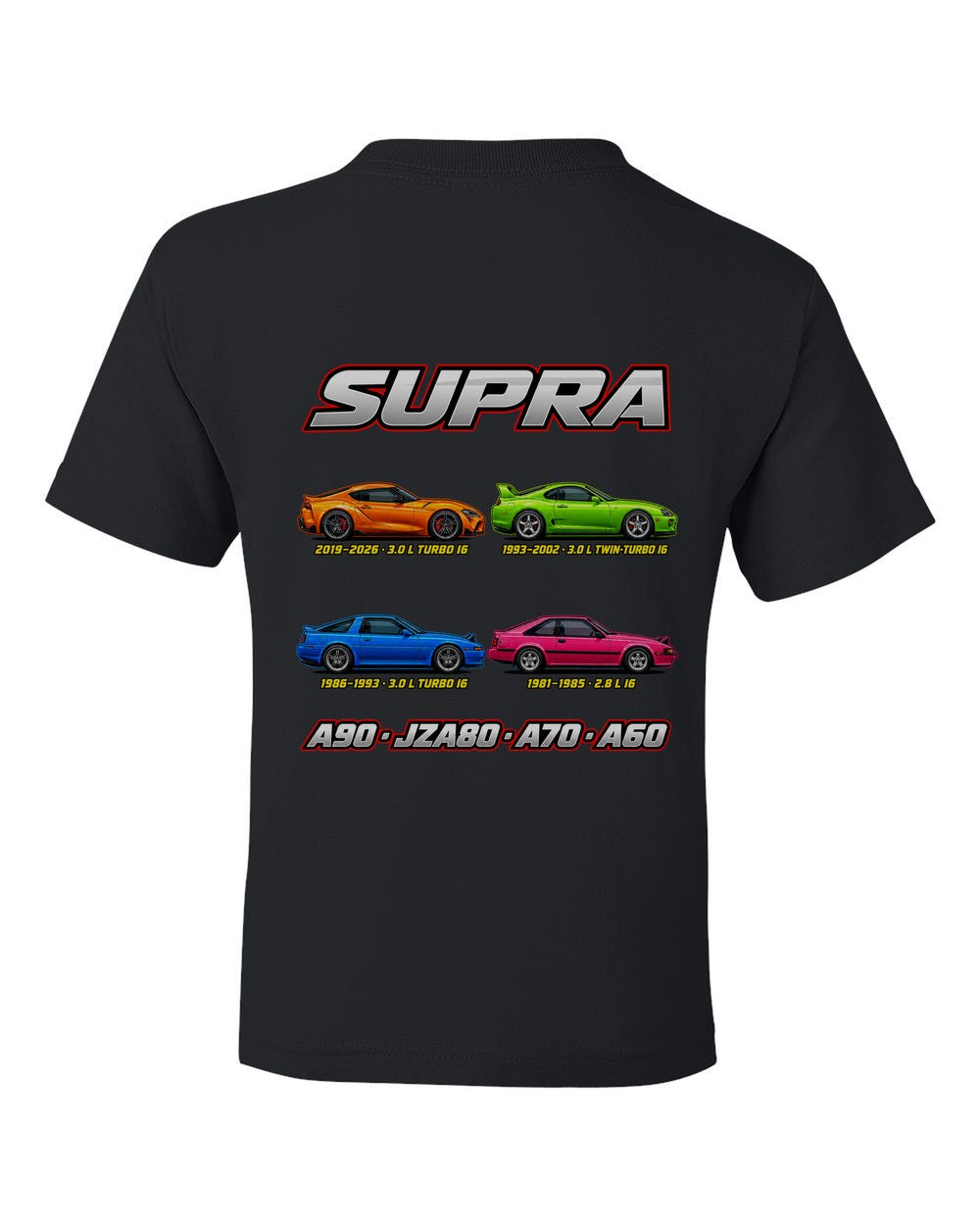 Toyota Supra evolution poster black kids tee back view with the design