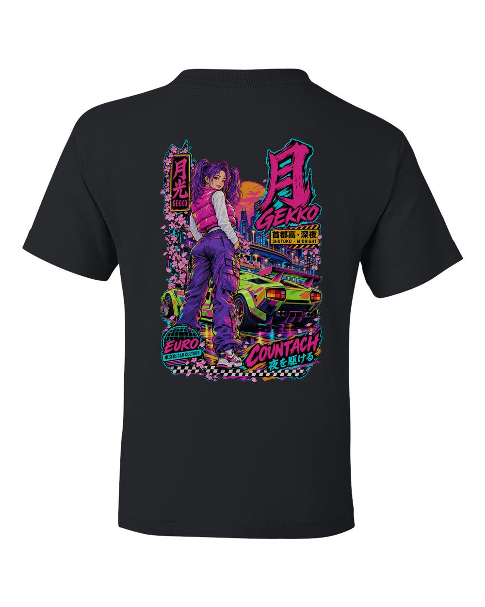 GEKKO COUNTACH full-back artwork black kids tee back view with the design