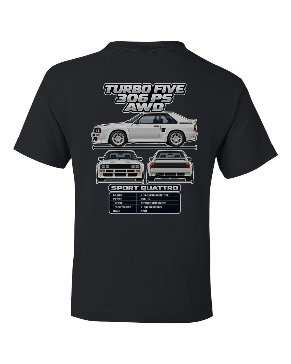 Audi Sport Quattro spec sheet black kids tee back view with the design