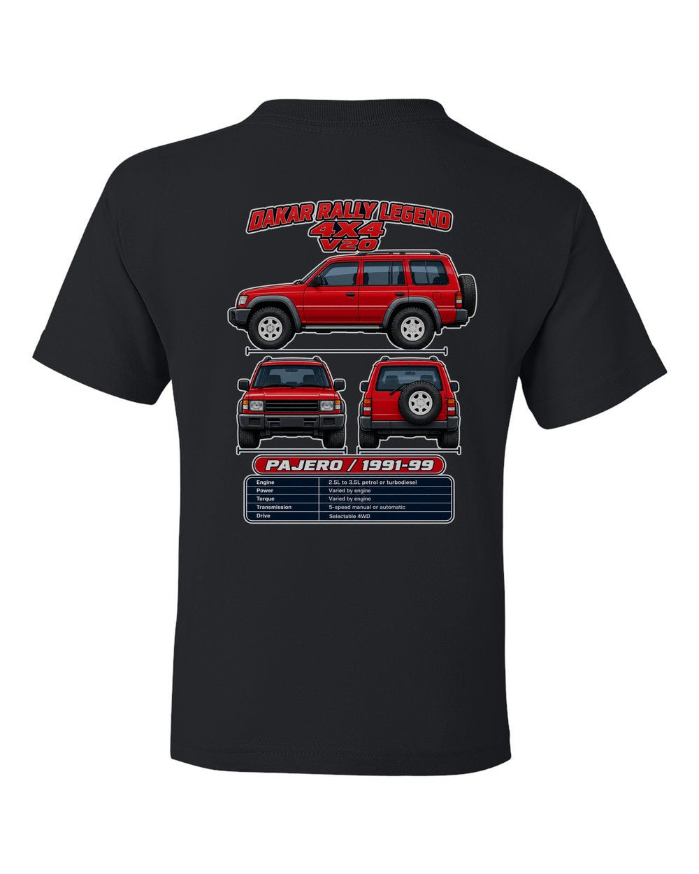 Mitsubishi Pajero spec sheet black kids tee back view with the design