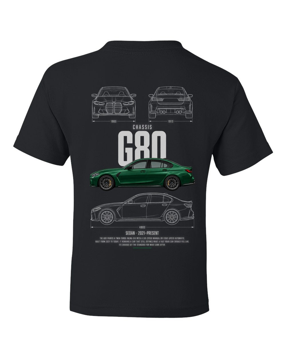 G80 full-back artwork black kids tee back view with the design