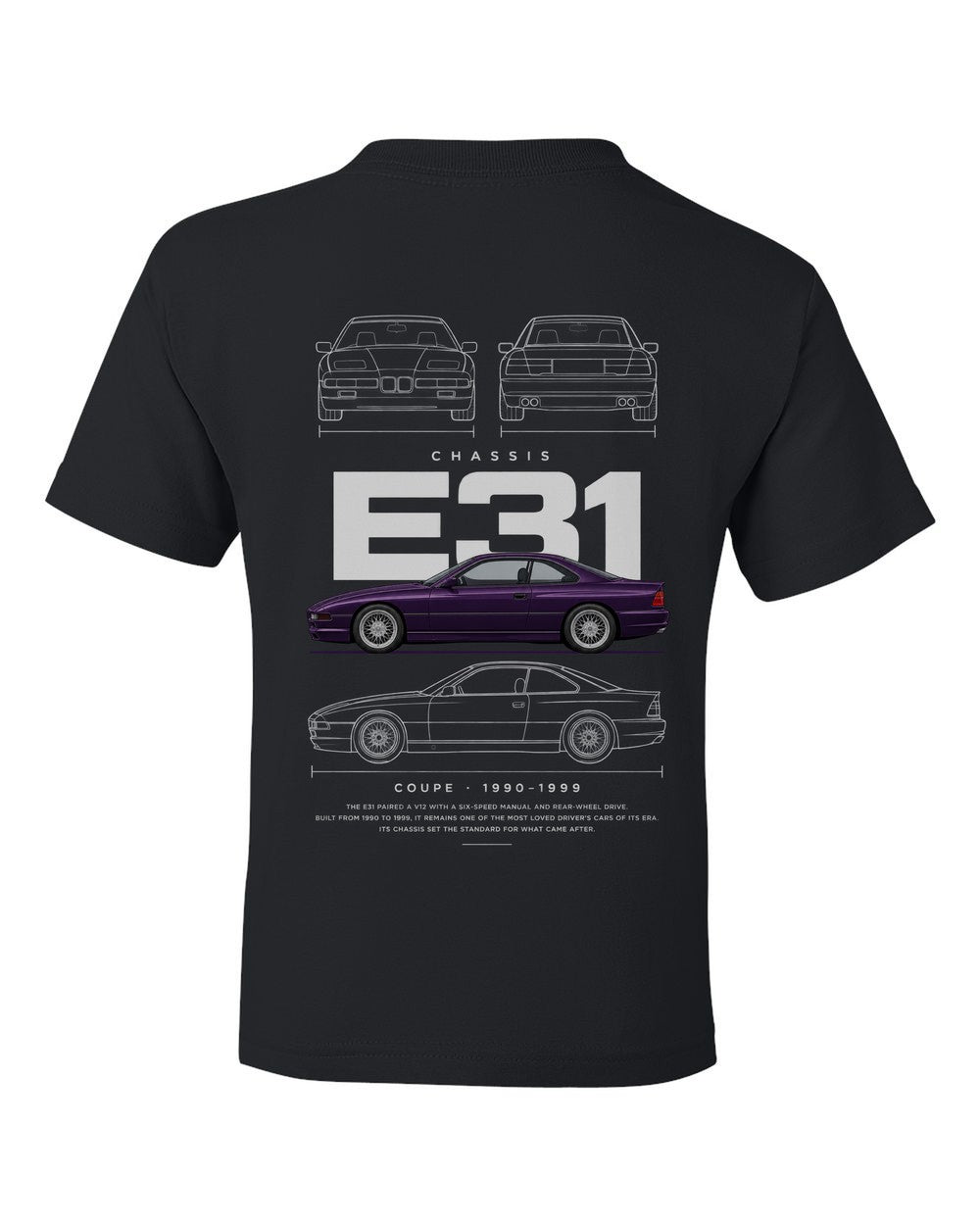 E31 full-back artwork black kids tee back view with the design