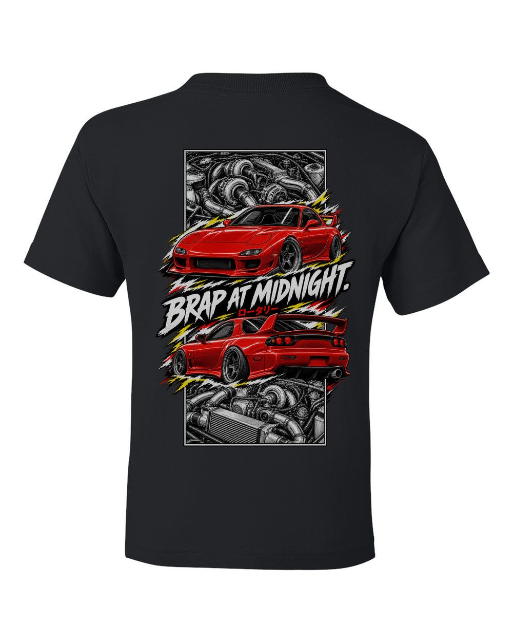 Mazda RX-7 Fd3S torn poster black kids tee back view with the design