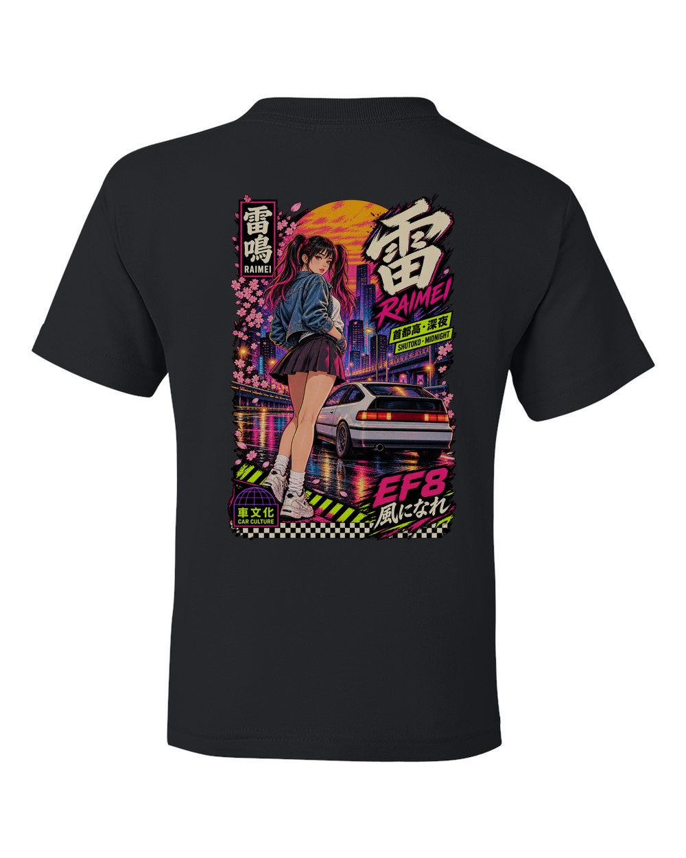 RAIMEI EF8 full-back artwork black kids tee back view with the design