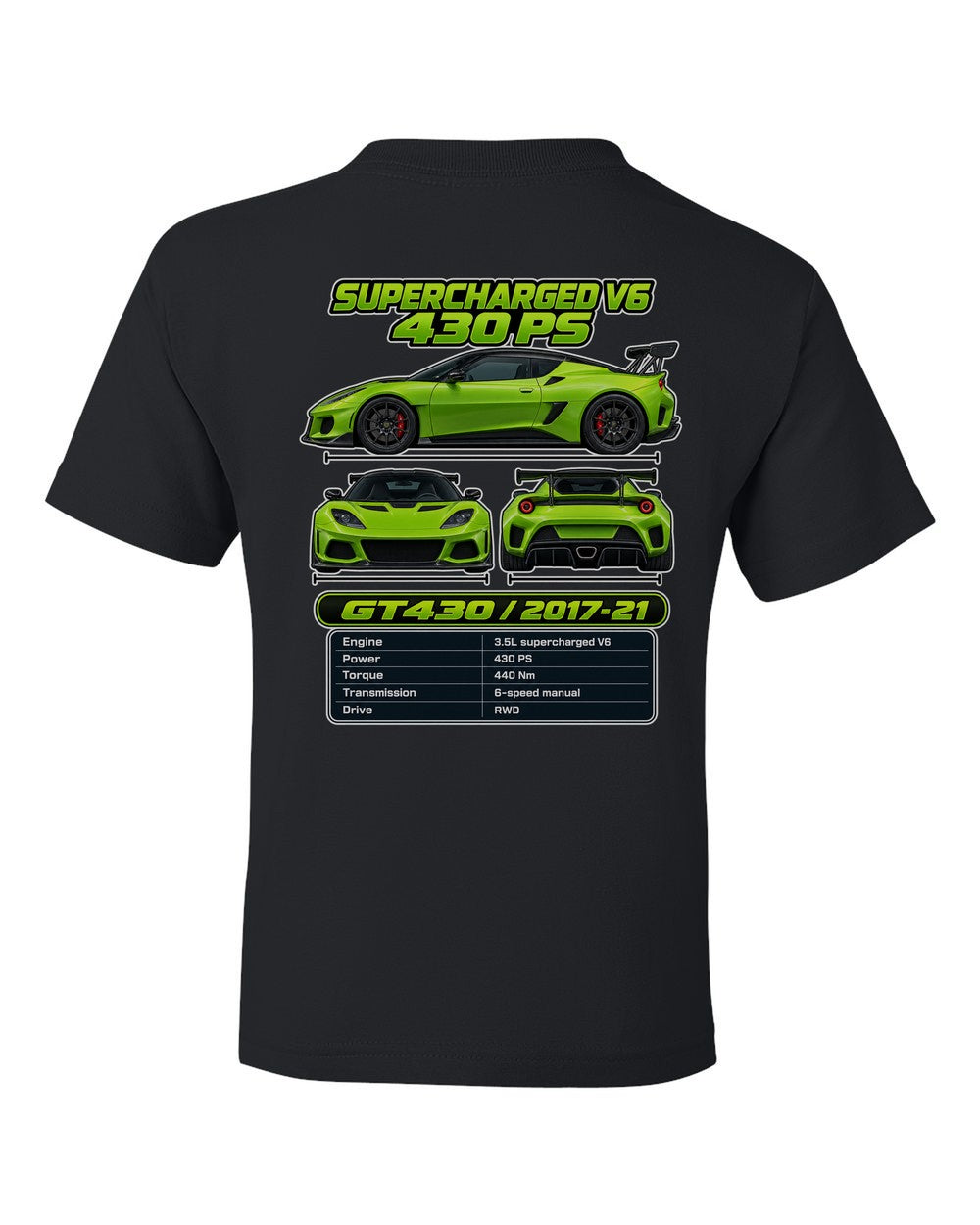 Lotus Evora Gt430 spec sheet black kids tee back view with the design
