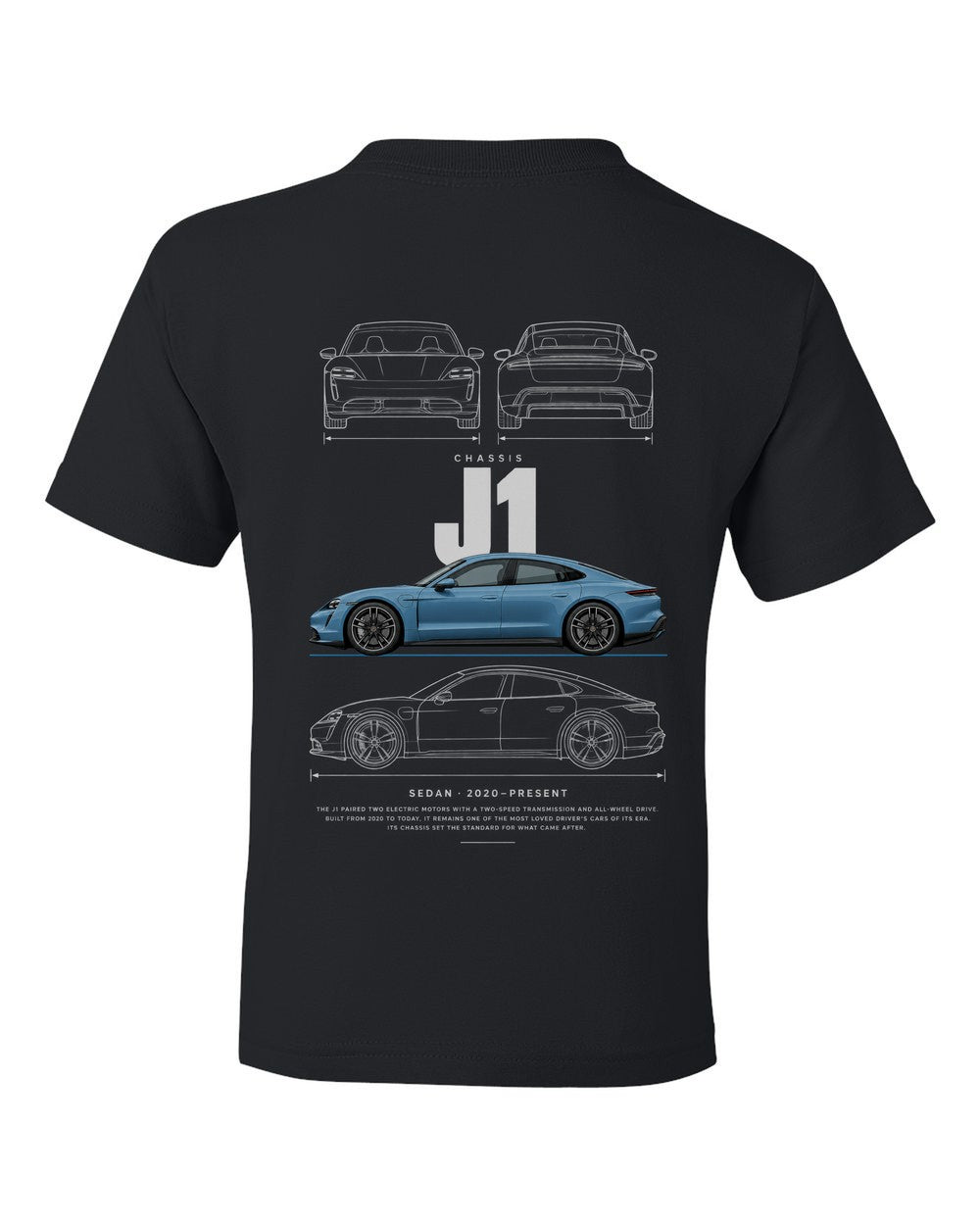 J1 full-back artwork black kids tee back view with the design