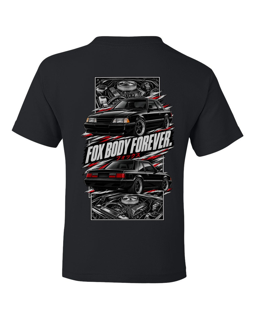 Ford Mustang Fox Body torn poster black kids tee back view with the design