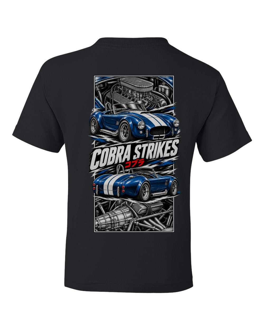 Shelby Cobra 427 torn poster black kids tee back view with the design
