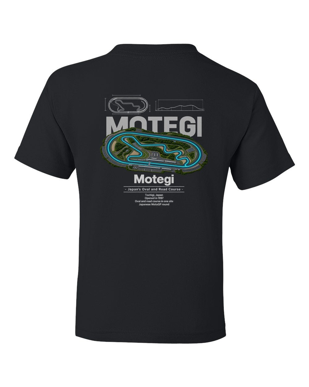 Motegi black kids tee back view with the design