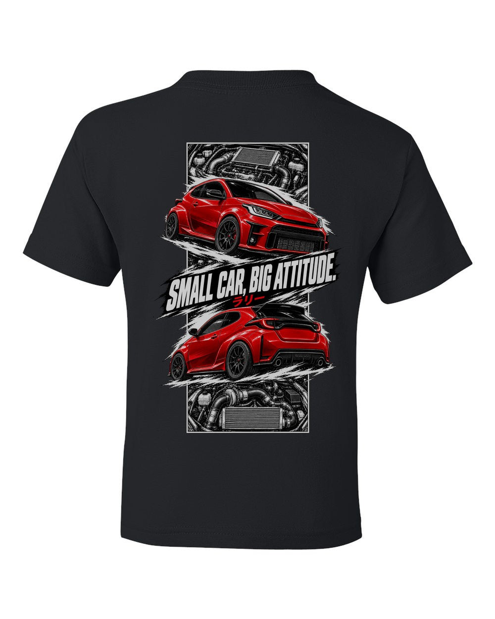 Toyota GR Yaris torn poster black kids tee back view with the design