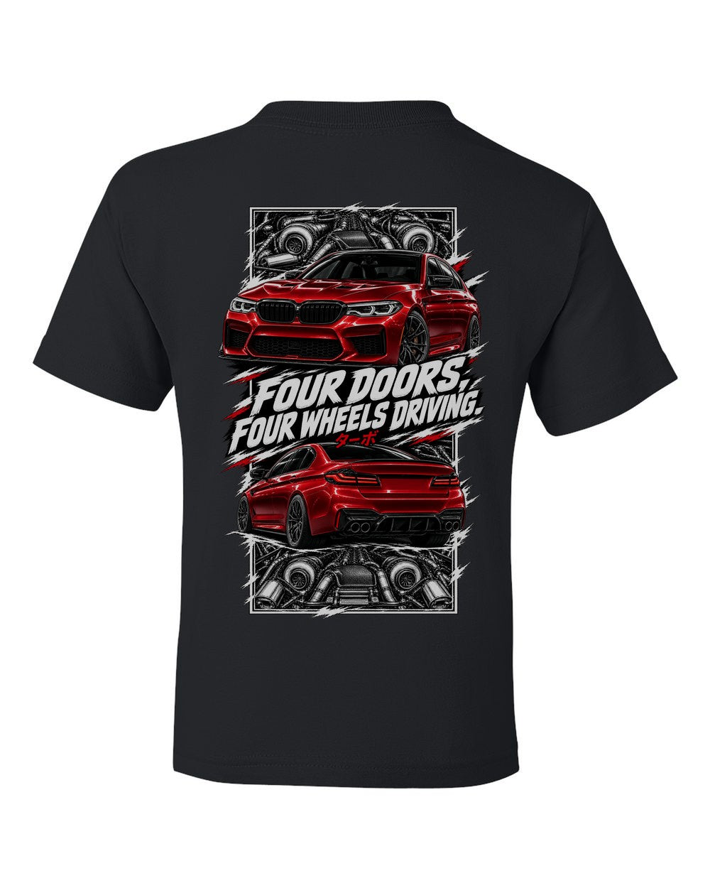 BMW F90 M5 torn poster black kids tee back view with the design