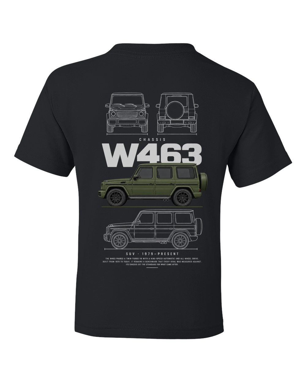 W463 full-back artwork black kids tee back view with the design