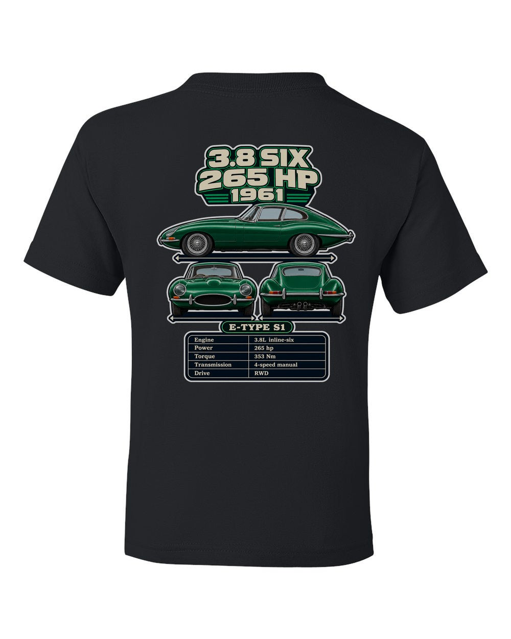 Jaguar E Type Series 1 spec sheet black kids tee back view with the design