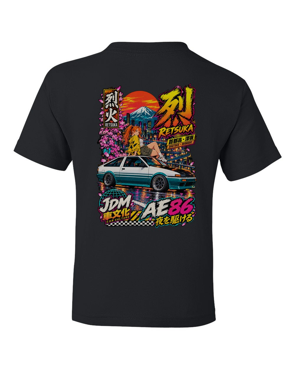 RETSUKA AE86 full-back artwork black kids tee back view with the design