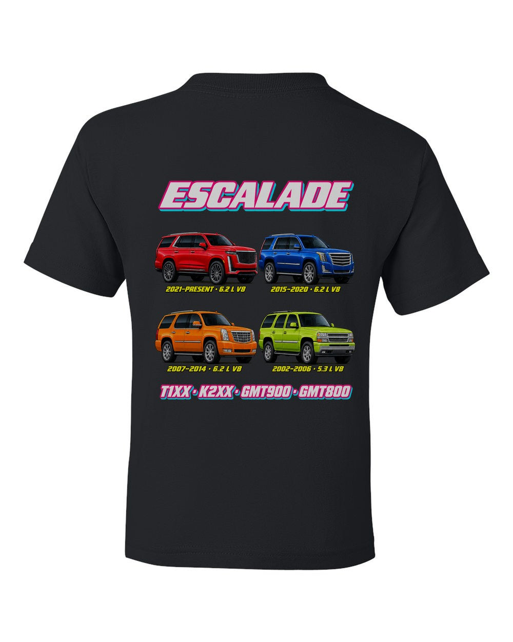 Cadillac Escalade evolution poster black kids tee back view with the design