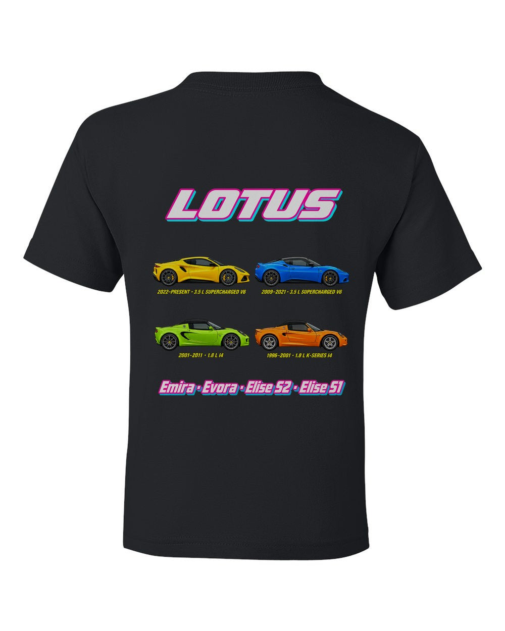 Lotus evolution poster black kids tee back view with the design