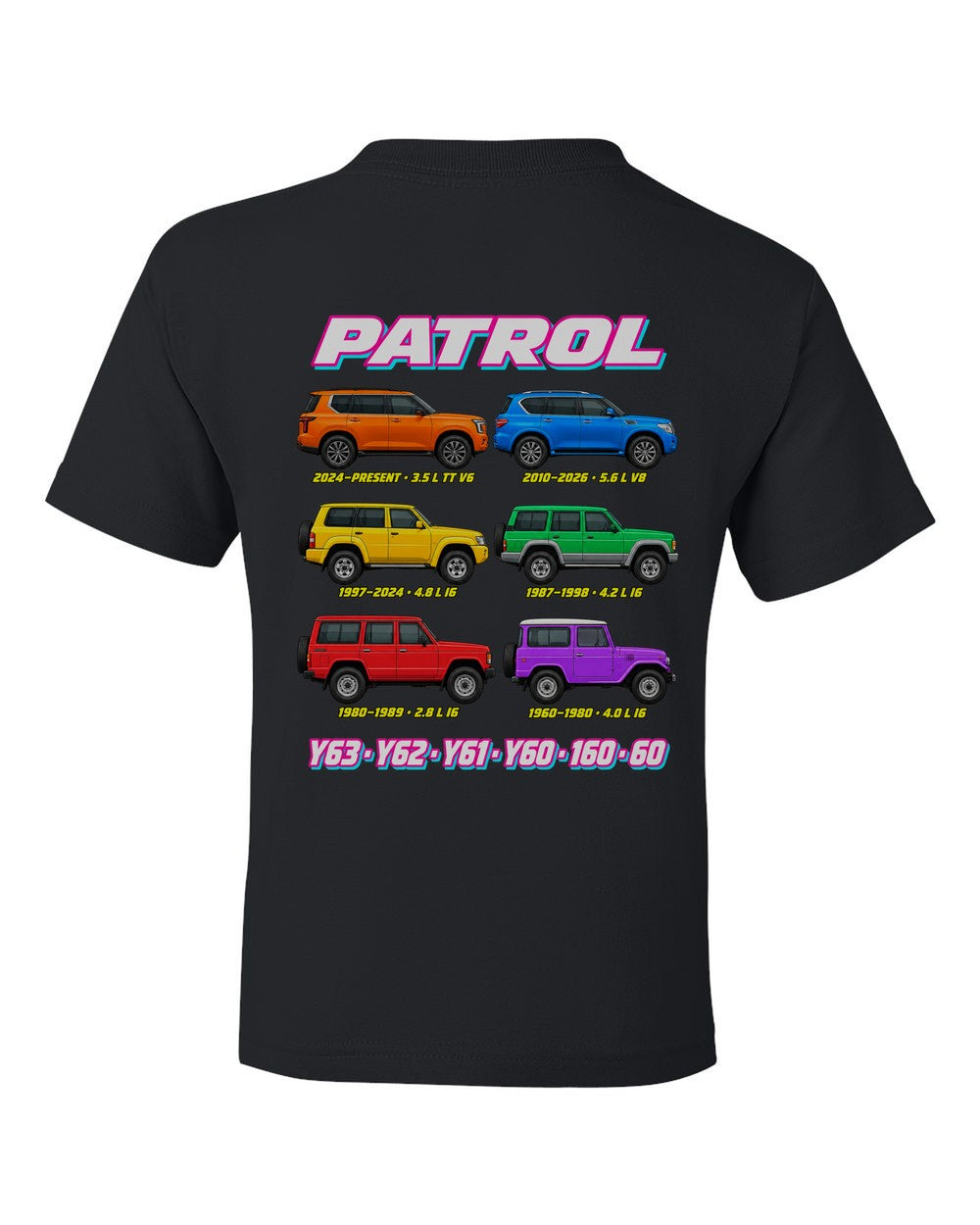 Nissan Patrol evolution poster black kids tee back view with the design