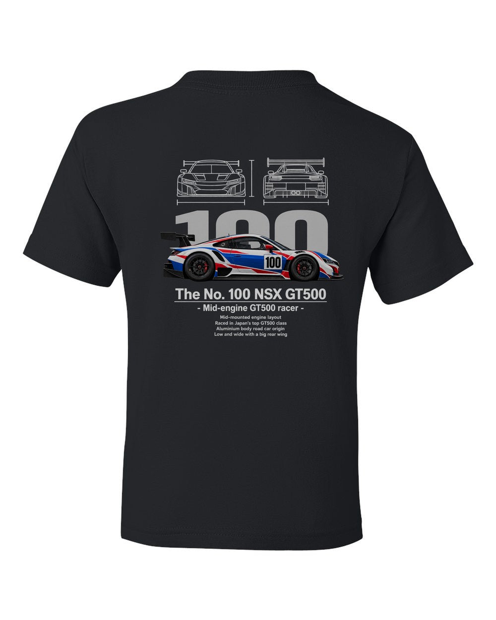 No. 100 NSX GT500 black kids tee back view with the design