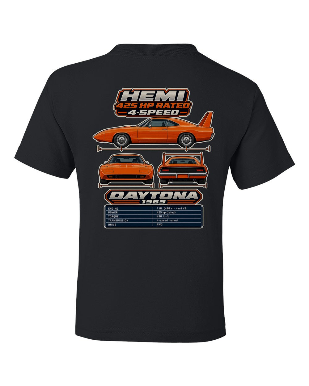 Dodge Charger Daytona spec sheet black kids tee back view with the design