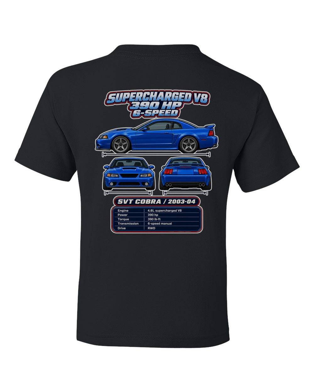 Ford SVT Cobra Terminator spec sheet black kids tee back view with the design