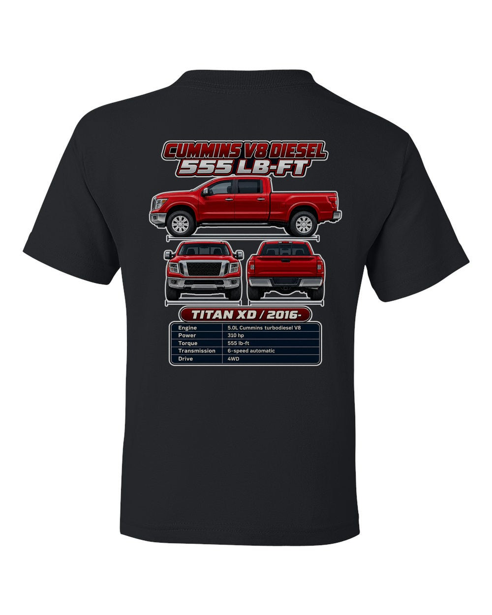 Nissan Titan Xd spec sheet black kids tee back view with the design