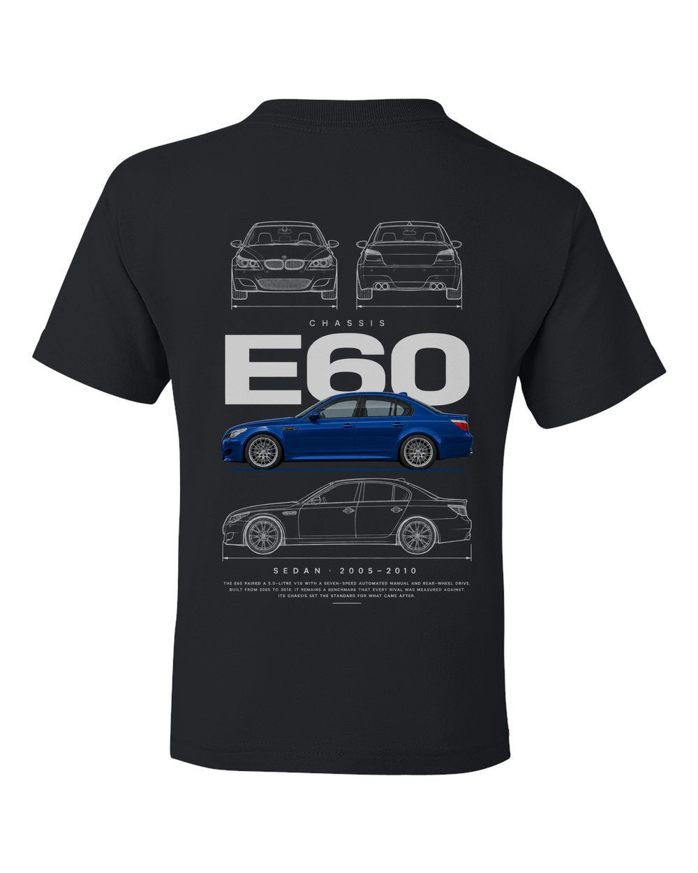 E60 full-back artwork black kids tee back view with the design