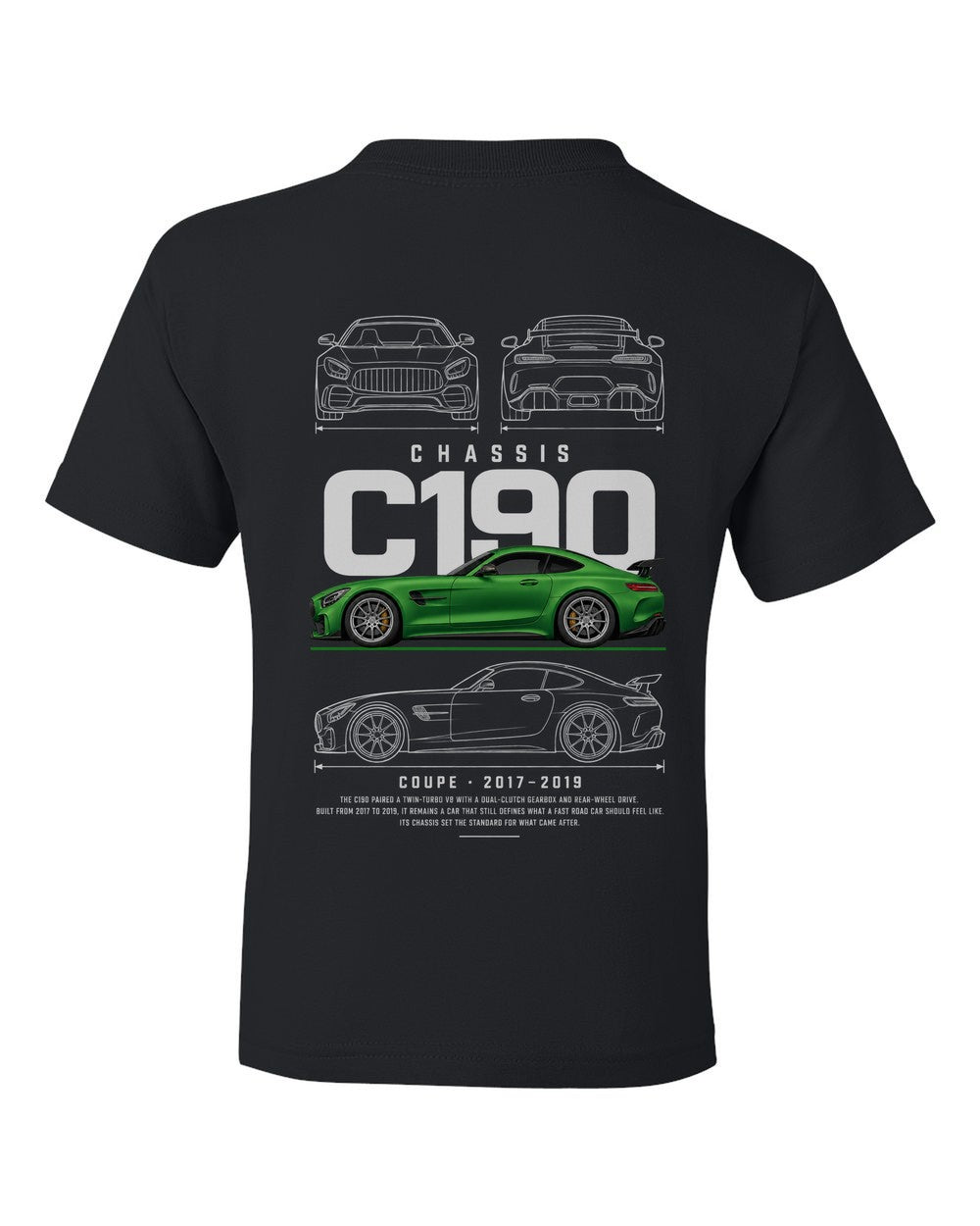 C190 full-back artwork black kids tee back view with the design