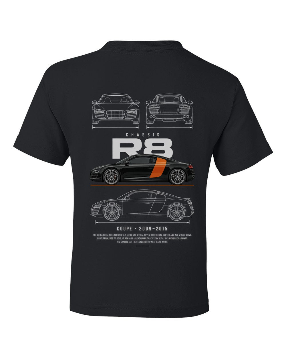 R8 full-back artwork black kids tee back view with the design